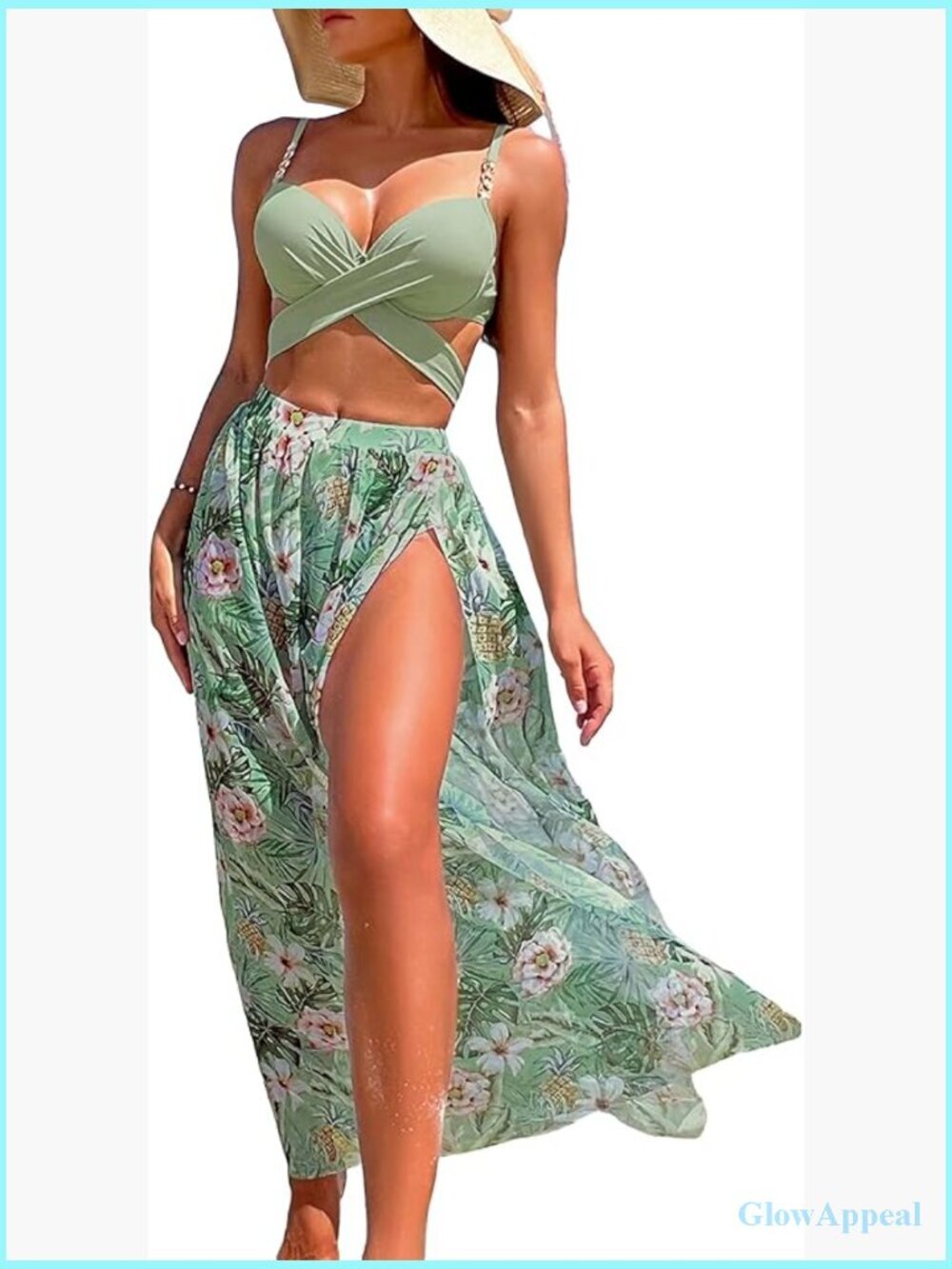 3pc Floral Tropical Bikini Set with Cover Up Skirt Crisscross Tie Back